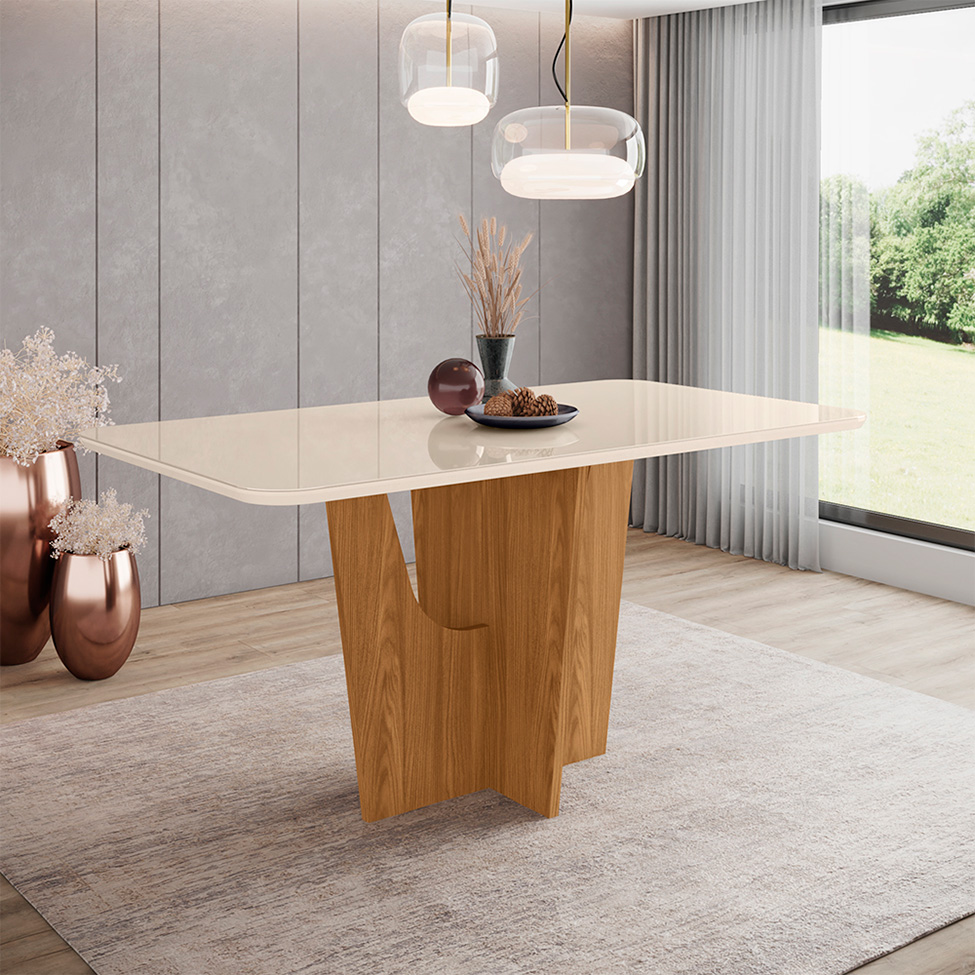 Mesa de Jantar Retangular com Tampo de Vidro Danielly I Off White e Nature 160 cm