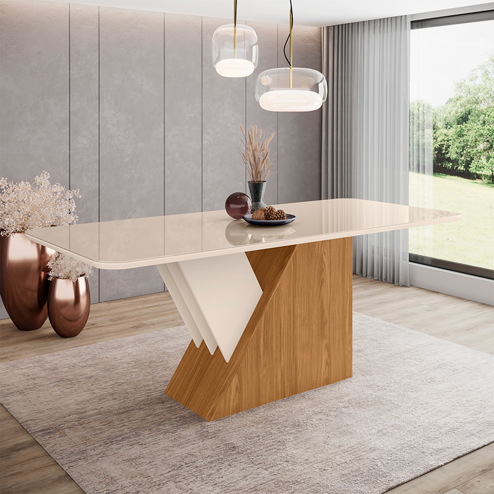 Mesa de Jantar Retangular com Tampo de Vidro Lucena I Off White e Nature 200 cm