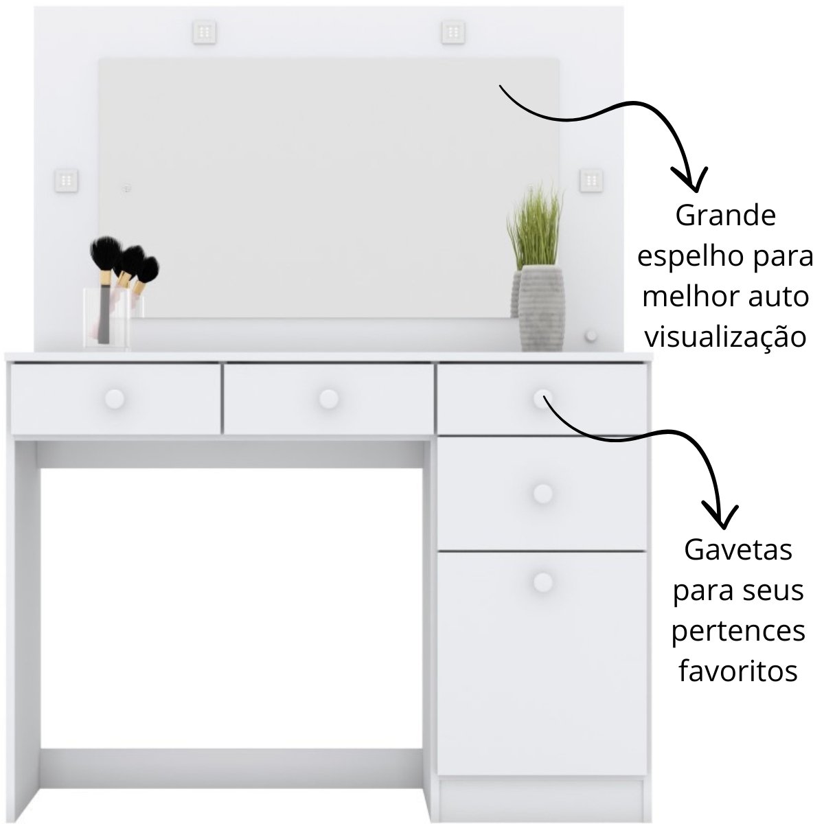 Penteadeira com Led com Espelho 4 Gavetas e Porta - Chanel Branco HP