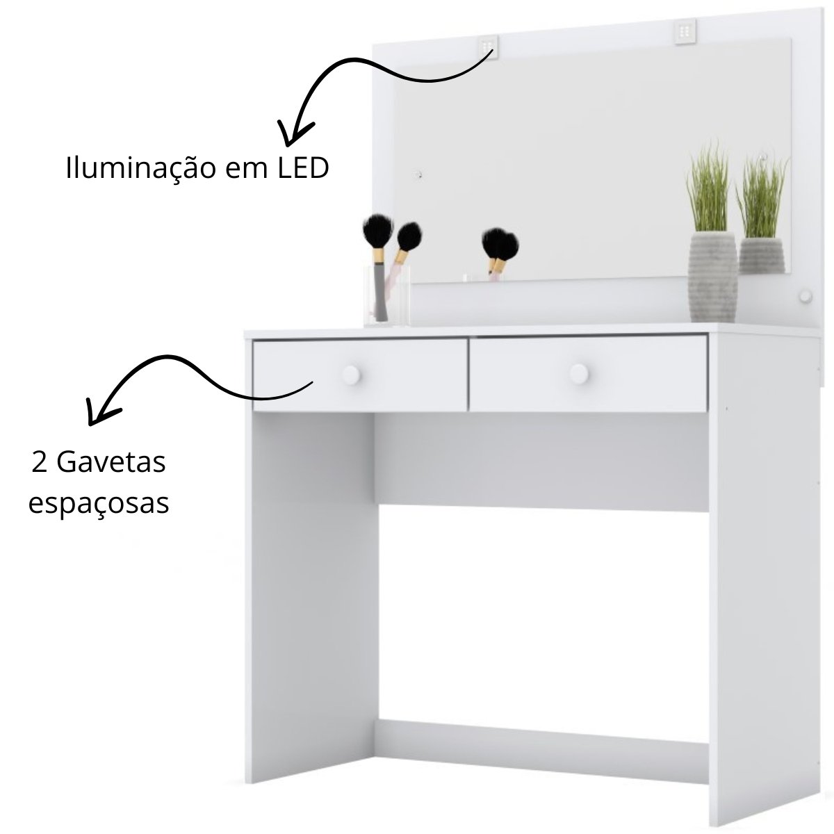 Penteadeira com Led e Espelho 2 Gavetas Daila Branco