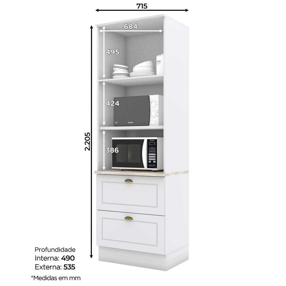 Torre Quente 2 Portas 2 Gav 72 cm C351 Americana Branco Calcare Henn