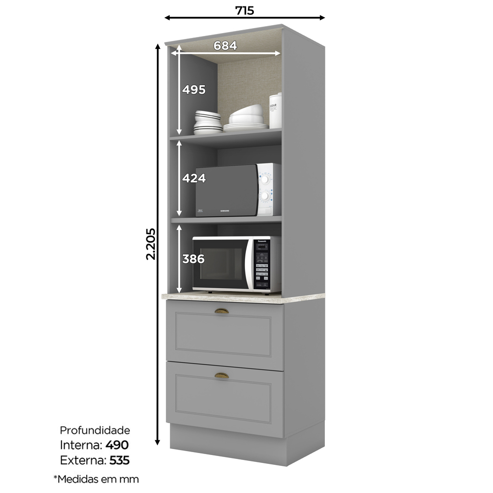 Torre Quente 2 Portas 2 Gav 72 cm C351 Americana Cinza Calcare Henn