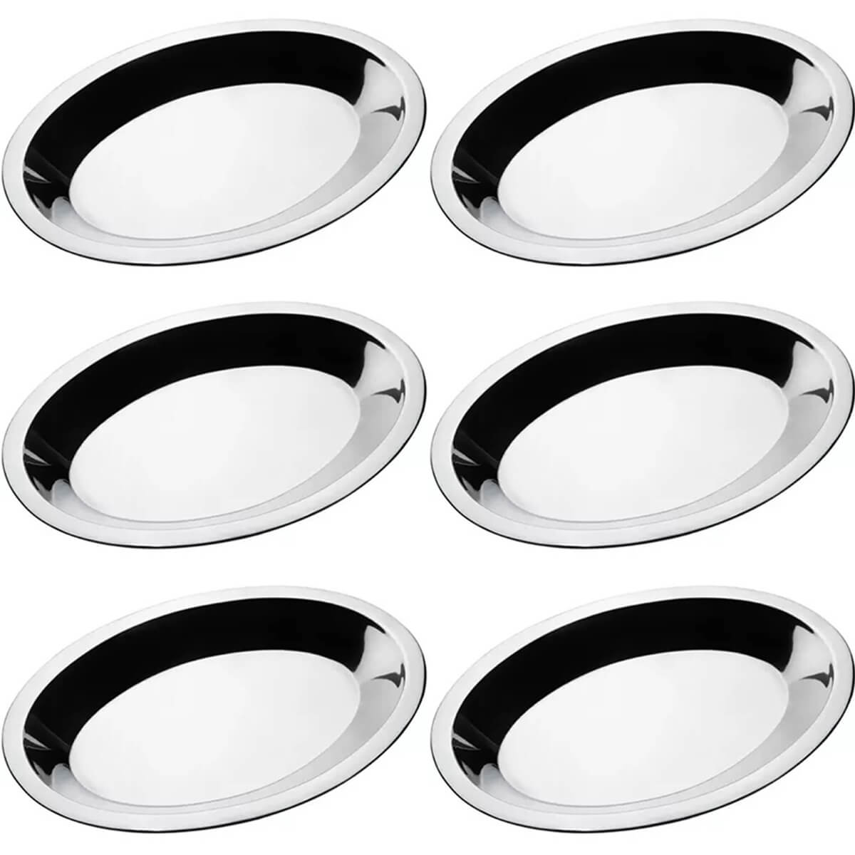 6 Travessas de Aço Inox Fundas para Servir Porções Baixelas Ovais Médias 25,5cm Hercules