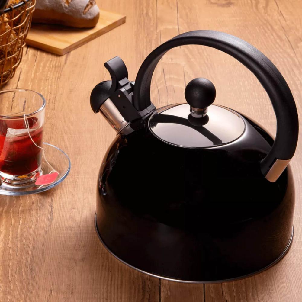 Chaleira de Inox com Apito 1,75L Cabo Fixo Preta Hercules para Cozinha Esquentar Ferver