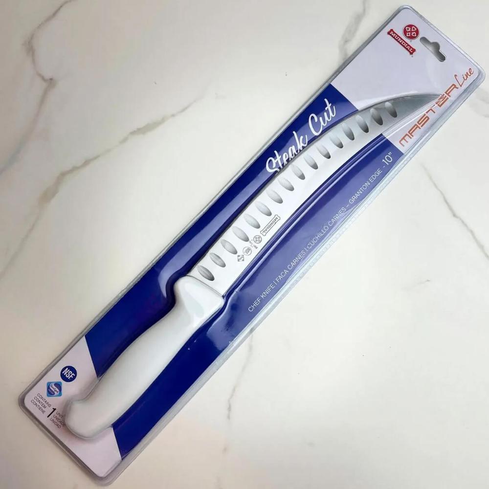 Faca de Açougue Inox Cabo Branco 10' Açougueiro Profissional Lâmina Curva Granton Edge Mundial