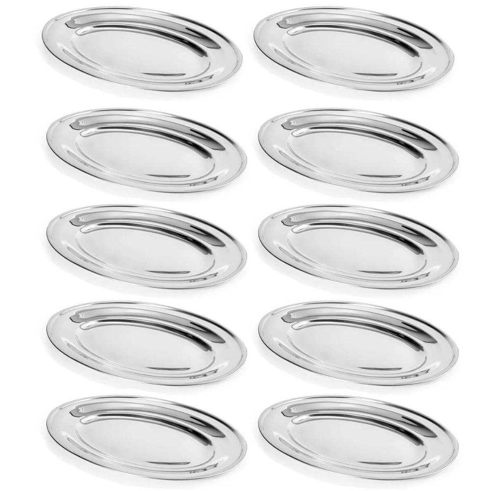 Kit 10 Travessas de Inox 25cm Oval para Servir Petiscos Saladas Porções Buffet Restaurante