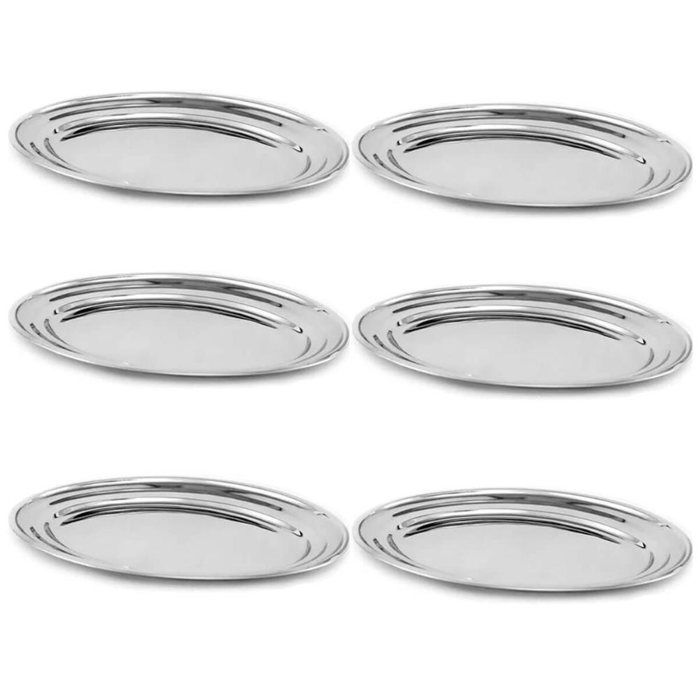 Kit 6 Travessas de Inox Grande Rasas 36,5cm Baixelas Ovais para Servir Saladas Carnes Hercules Mundial