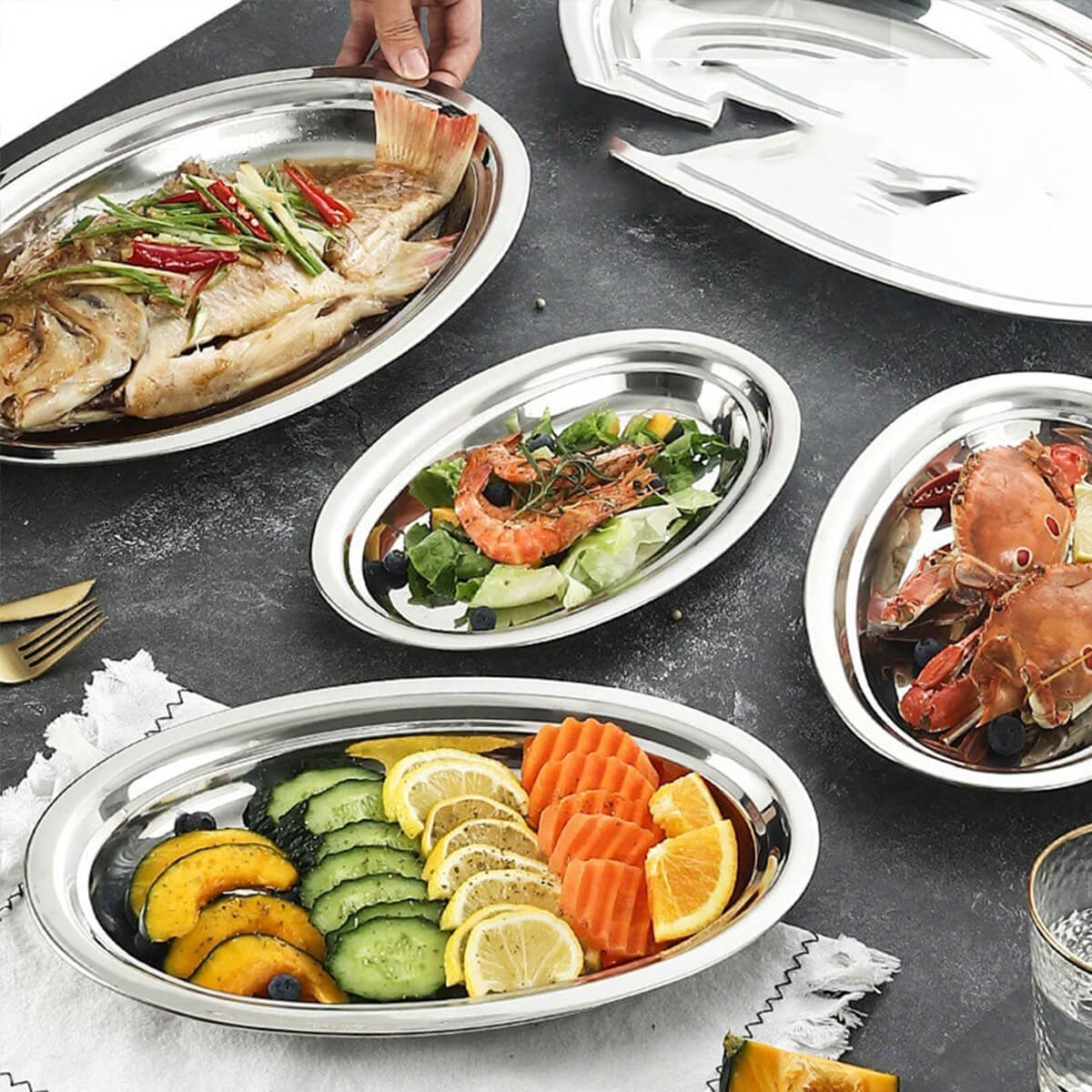 Travessa de Inox Grande Rasa 36,5cm Baixela Oval para Servir Saladas Carnes Porções Hercules