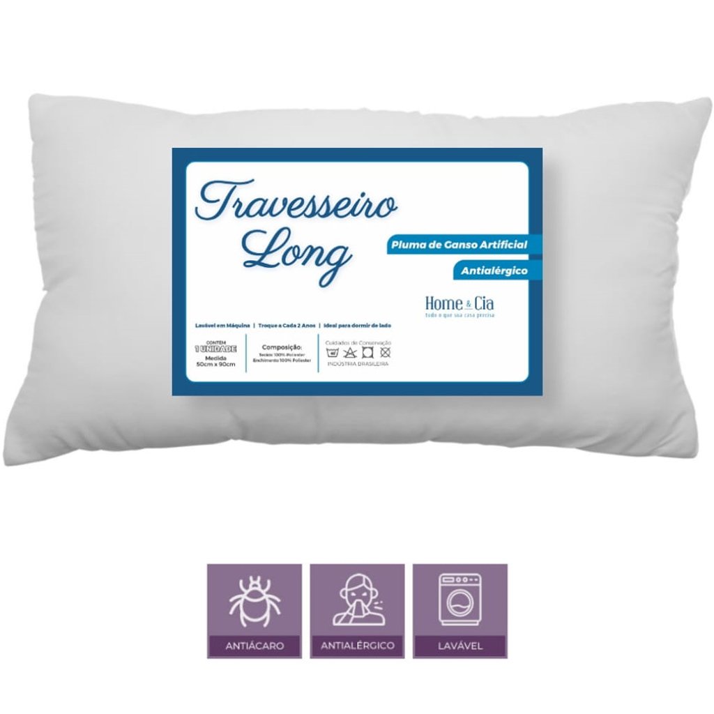 Kit 2 Travesseiro Long com Fronhas 200 Fios Acetinado Suporte Médio 50x90cm  Branco