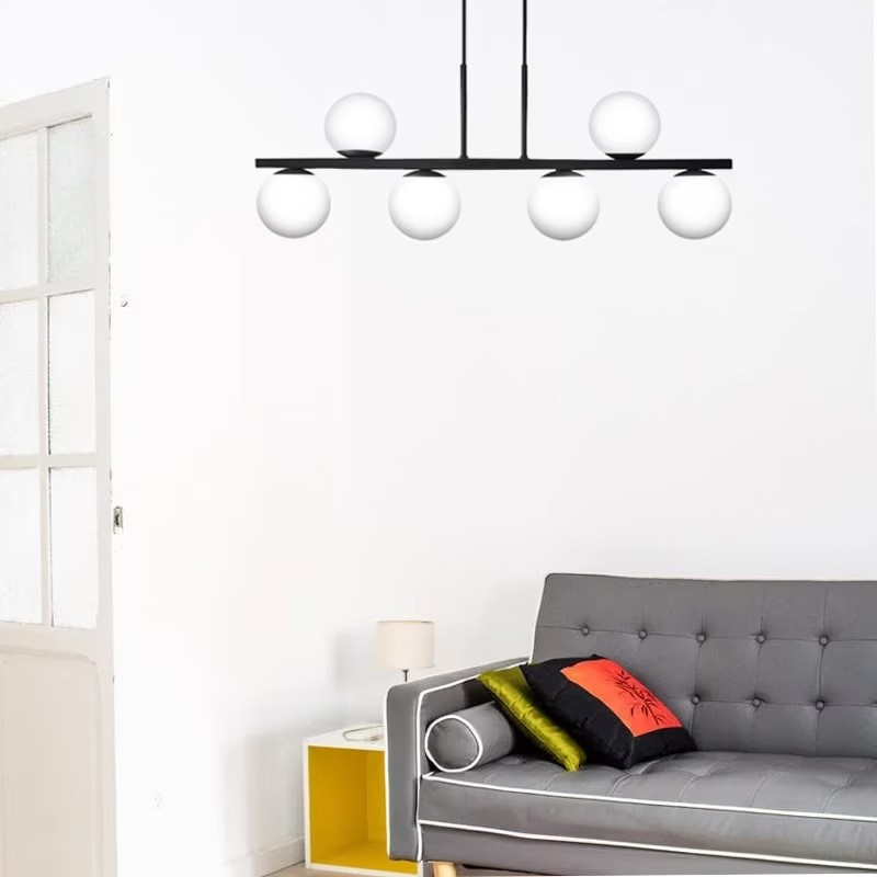 Luminária de Teto Pendente Jabuti UP Preto com Globos Branco Fosco para 6 Lâmpadas G9