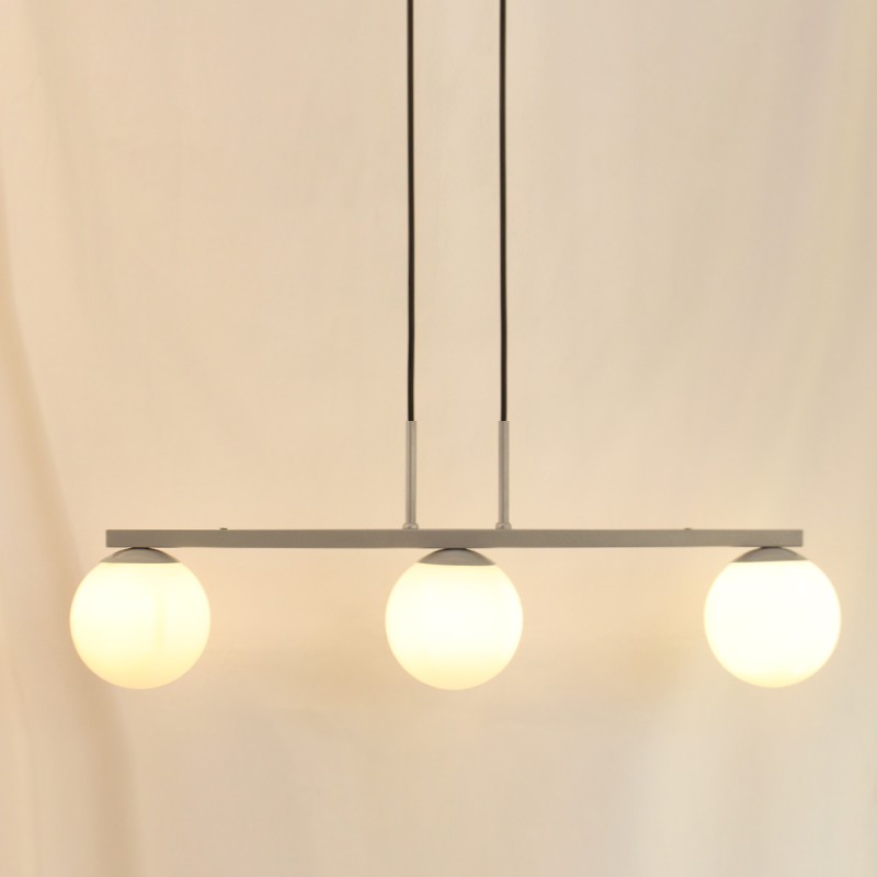 Pendente Jabuti Triplo na Cor Prata com Globos Brancos Fosco para 3 Lâmpadas G9 de LED