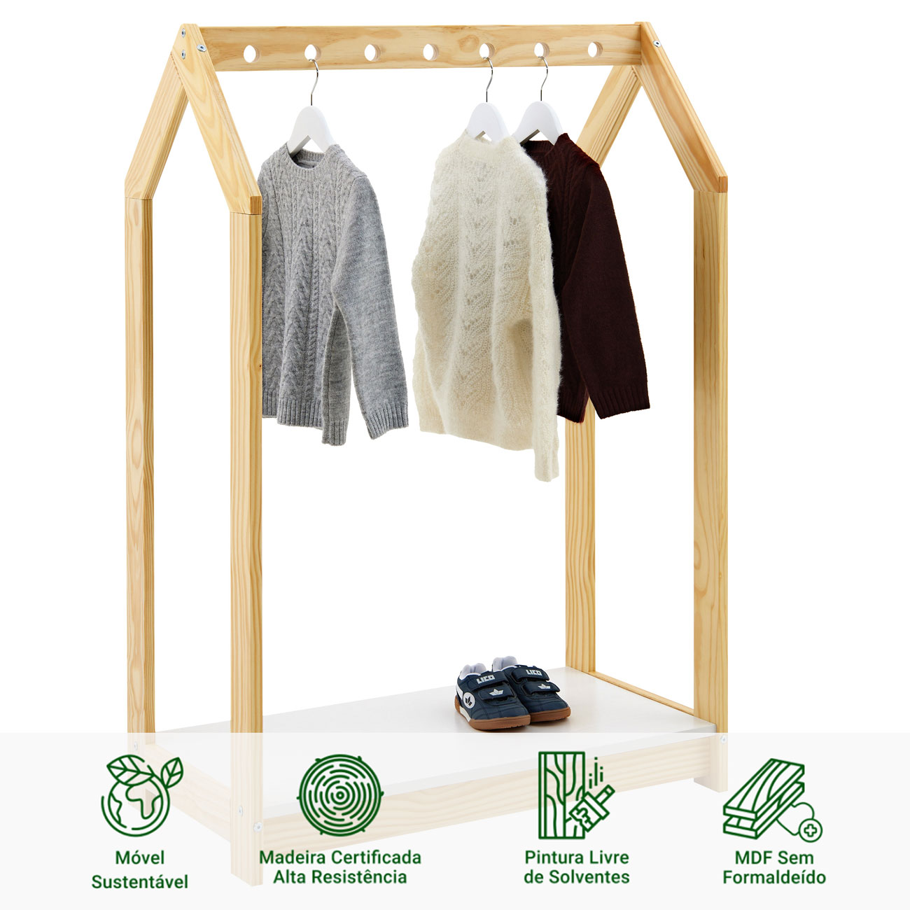 Arara Cabideiro Infantil Madeira Guarda Roupas Montessoriana Sally Natural Branco