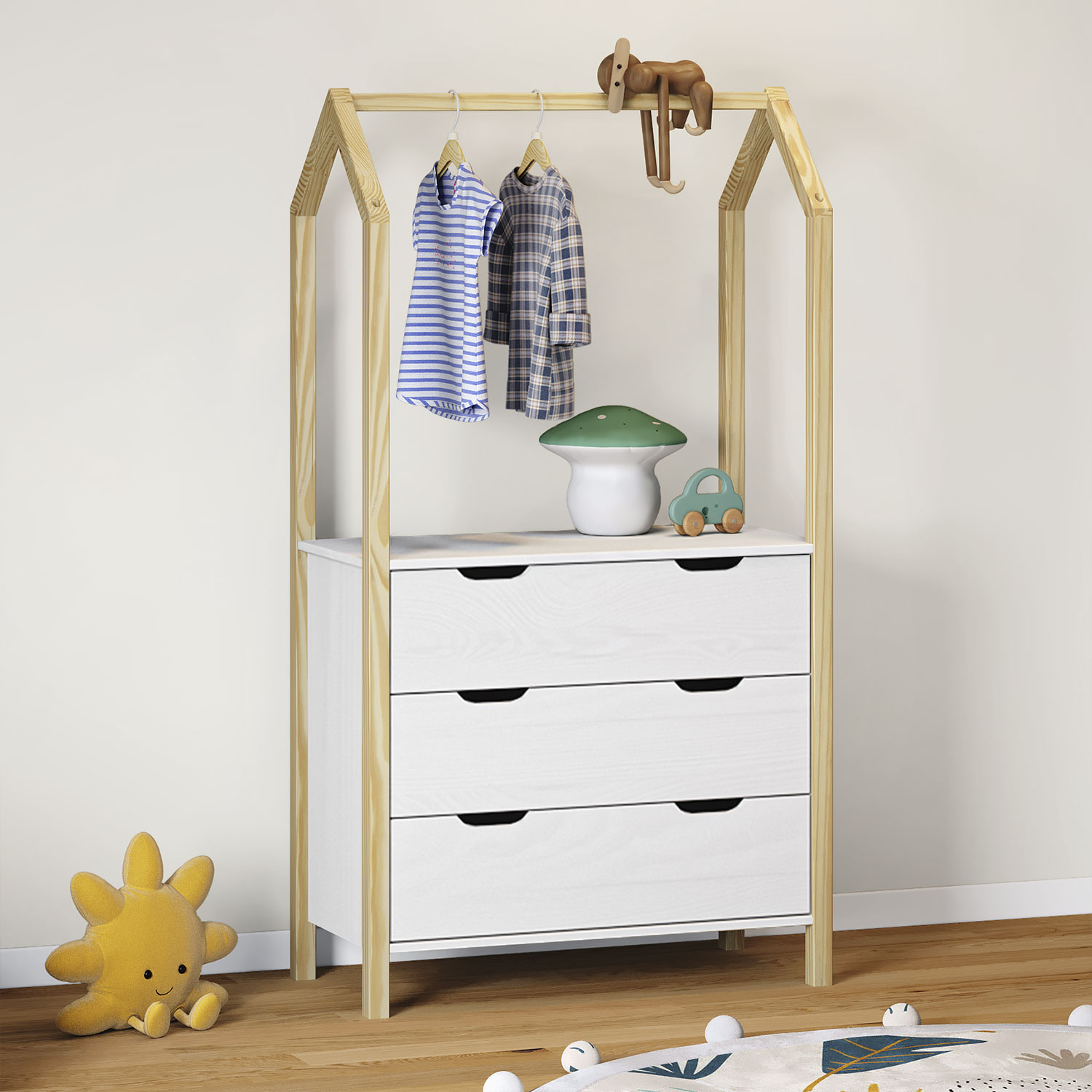 Cômoda Guarda Roupa Infantil Montessori Madeira 3 Gavetas Amira Branco Natural