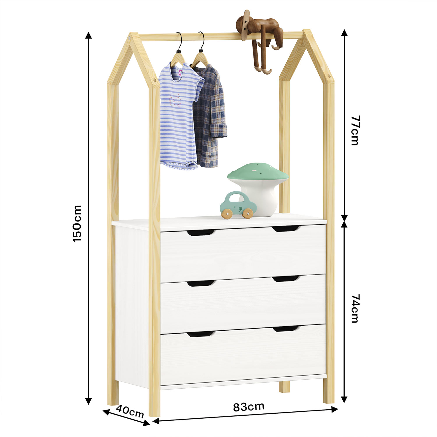 Cômoda Guarda Roupa Infantil Montessori Madeira 3 Gavetas Amira Branco Natural
