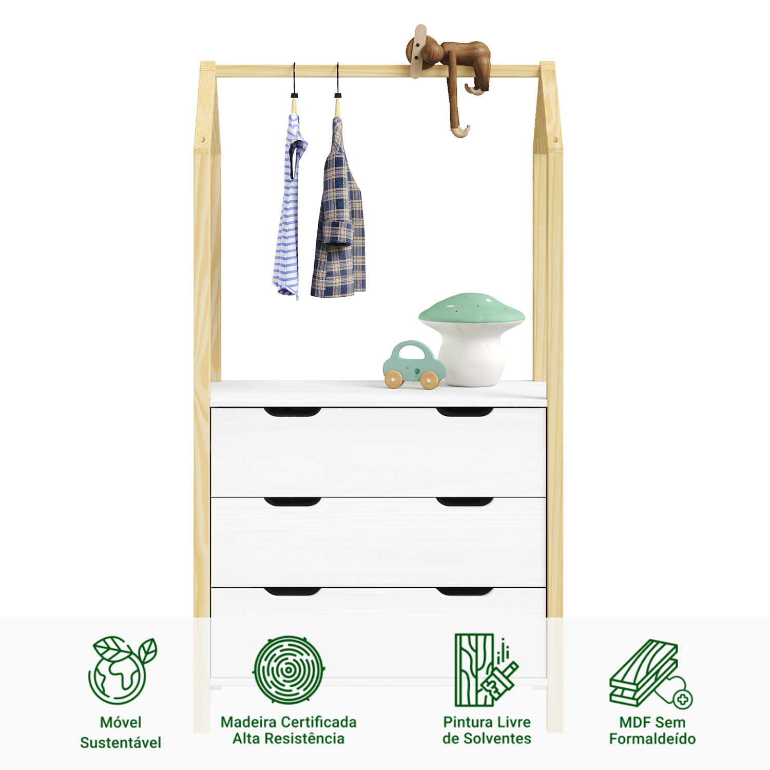 Cômoda Guarda Roupa Infantil Montessori Madeira 3 Gavetas Amira Branco Natural