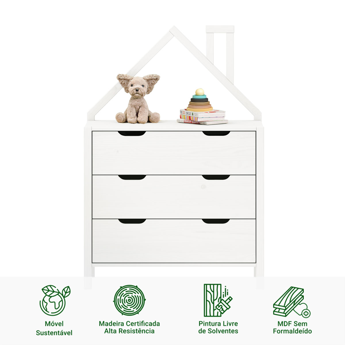 Cômoda Infantil Branco Montessori Madeira 3 Gavetas Elano