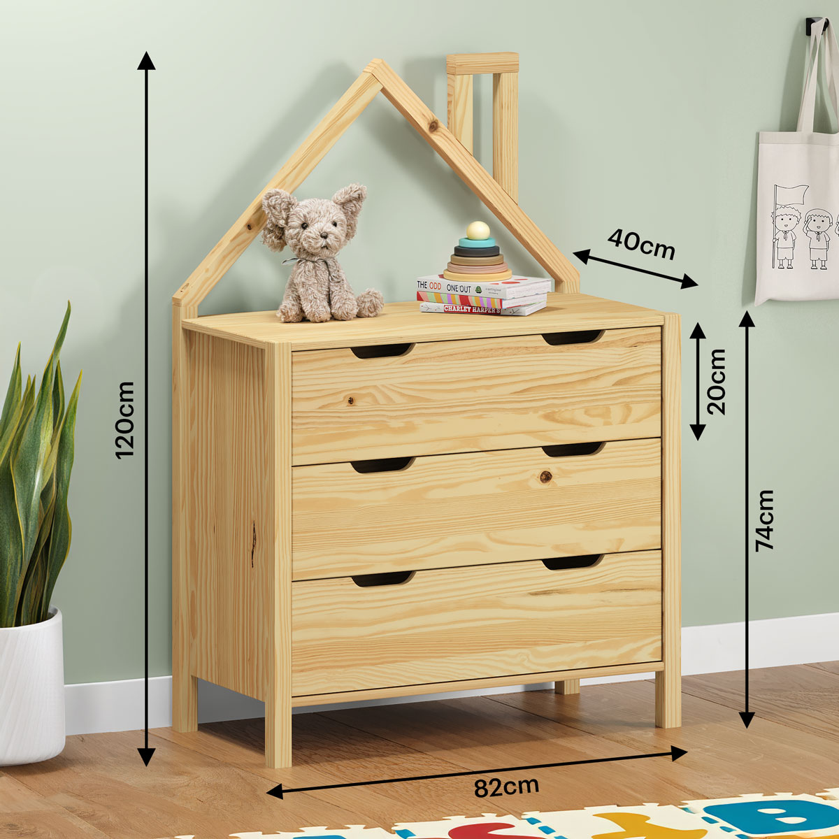 Cômoda infantil Montessori Madeira Casinha 3 Gavetas Elano Natural
