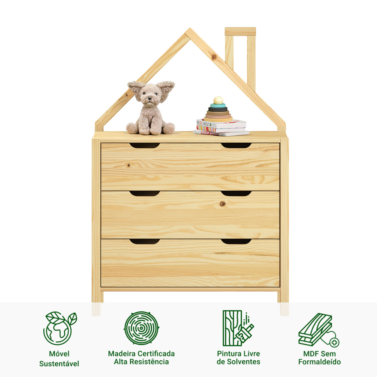 Cômoda infantil Montessori Madeira Casinha 3 Gavetas Elano Natural