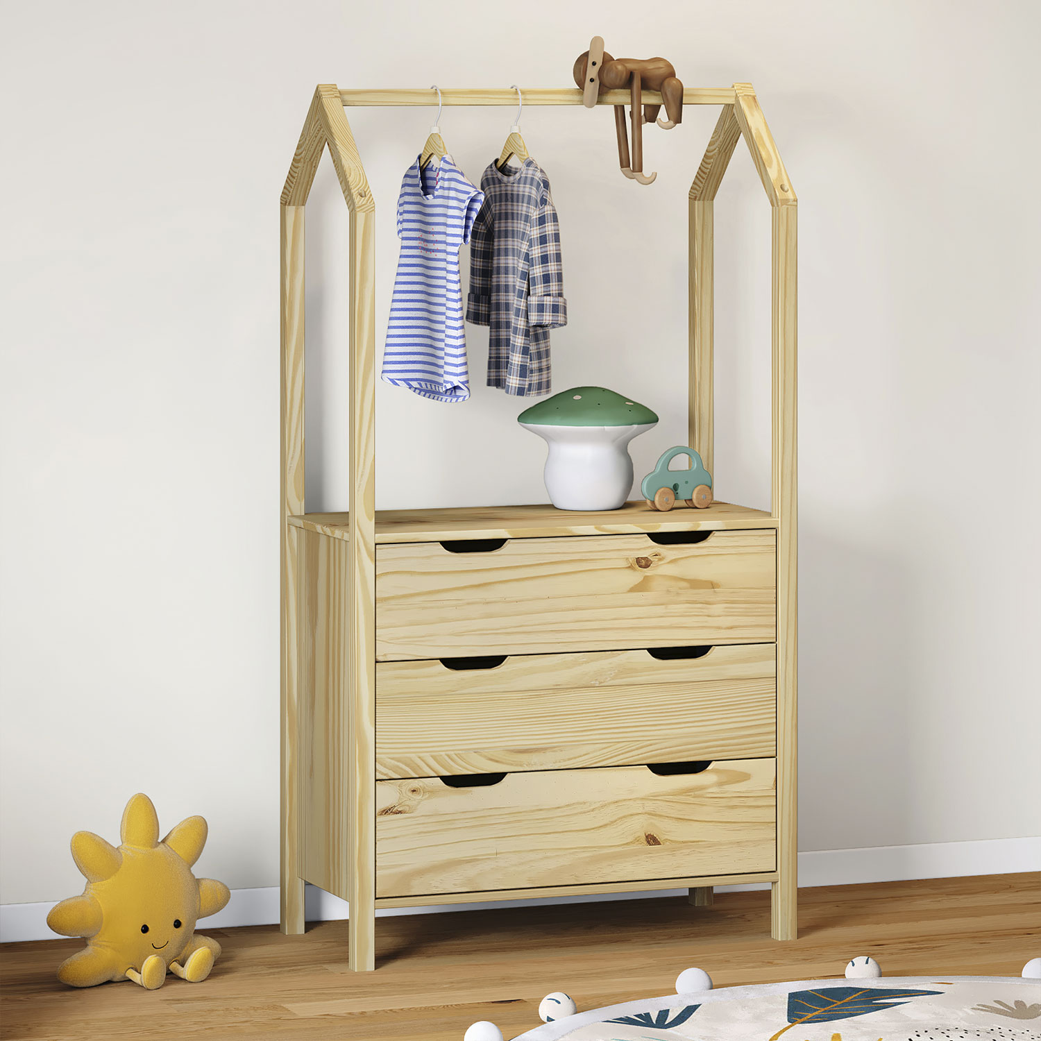 Cômoda infantil Montessori Madeira com Arara 3 Gavetas Amira Natural