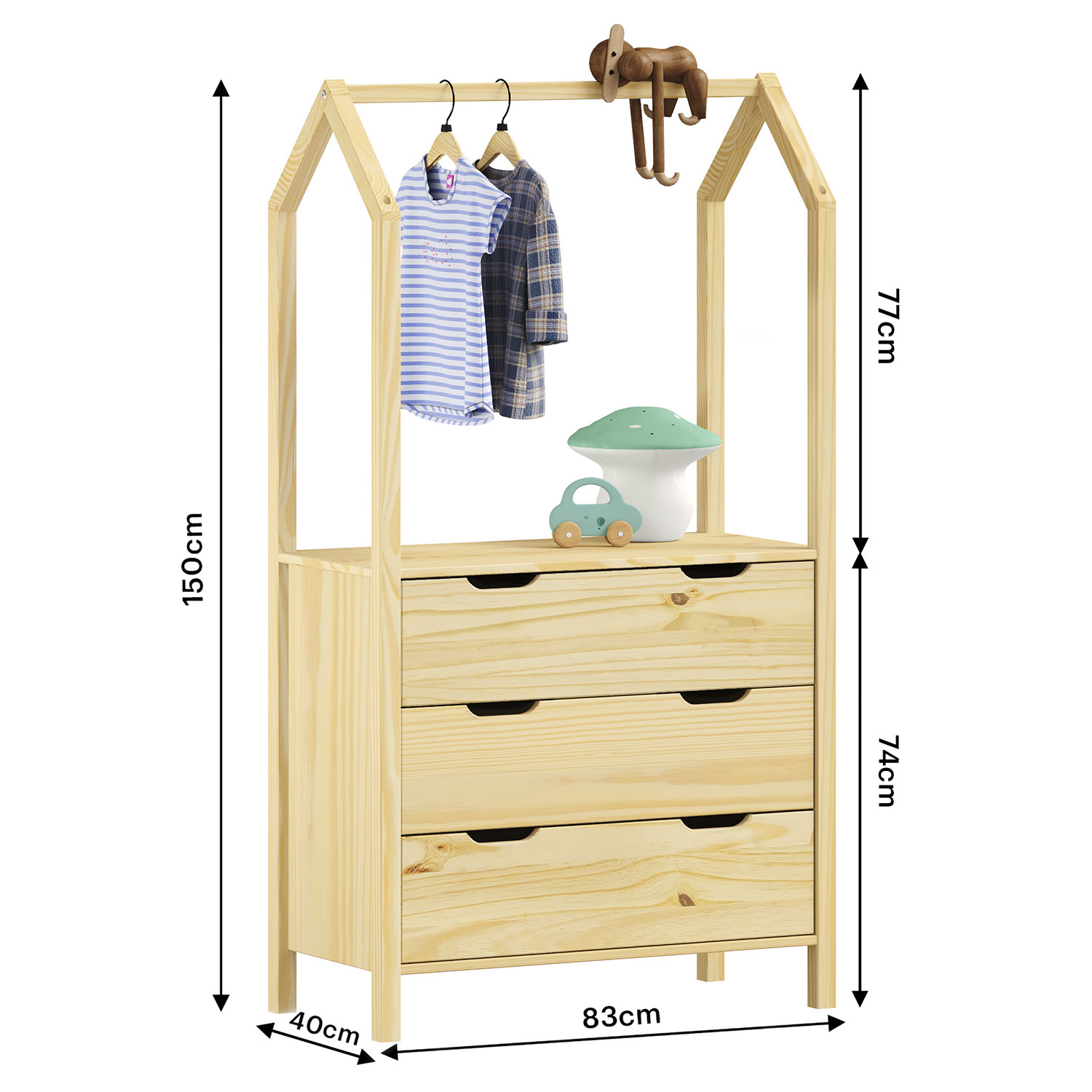 Cômoda infantil Montessori Madeira com Arara 3 Gavetas Amira Natural