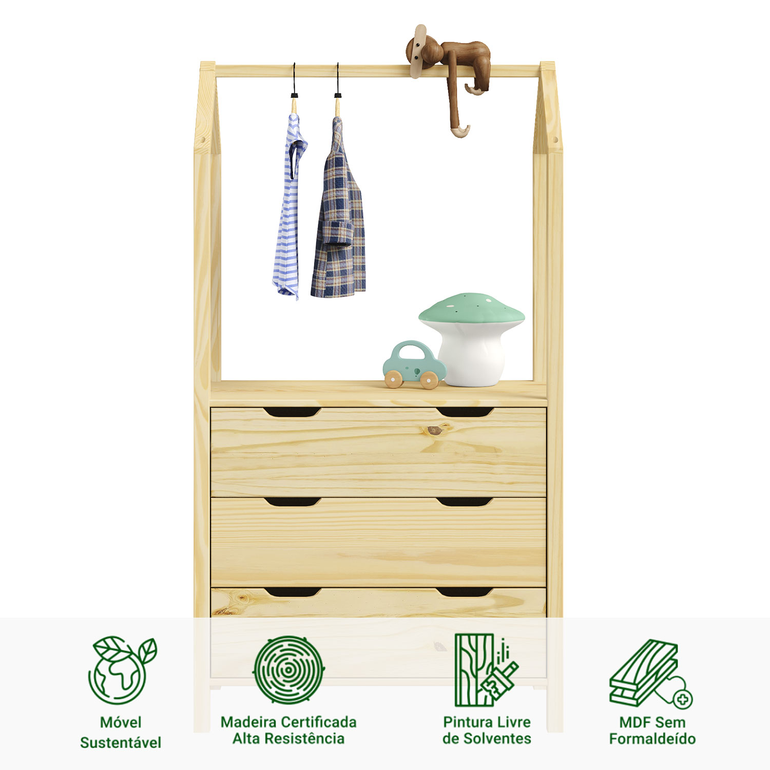 Cômoda infantil Montessori Madeira com Arara 3 Gavetas Amira Natural