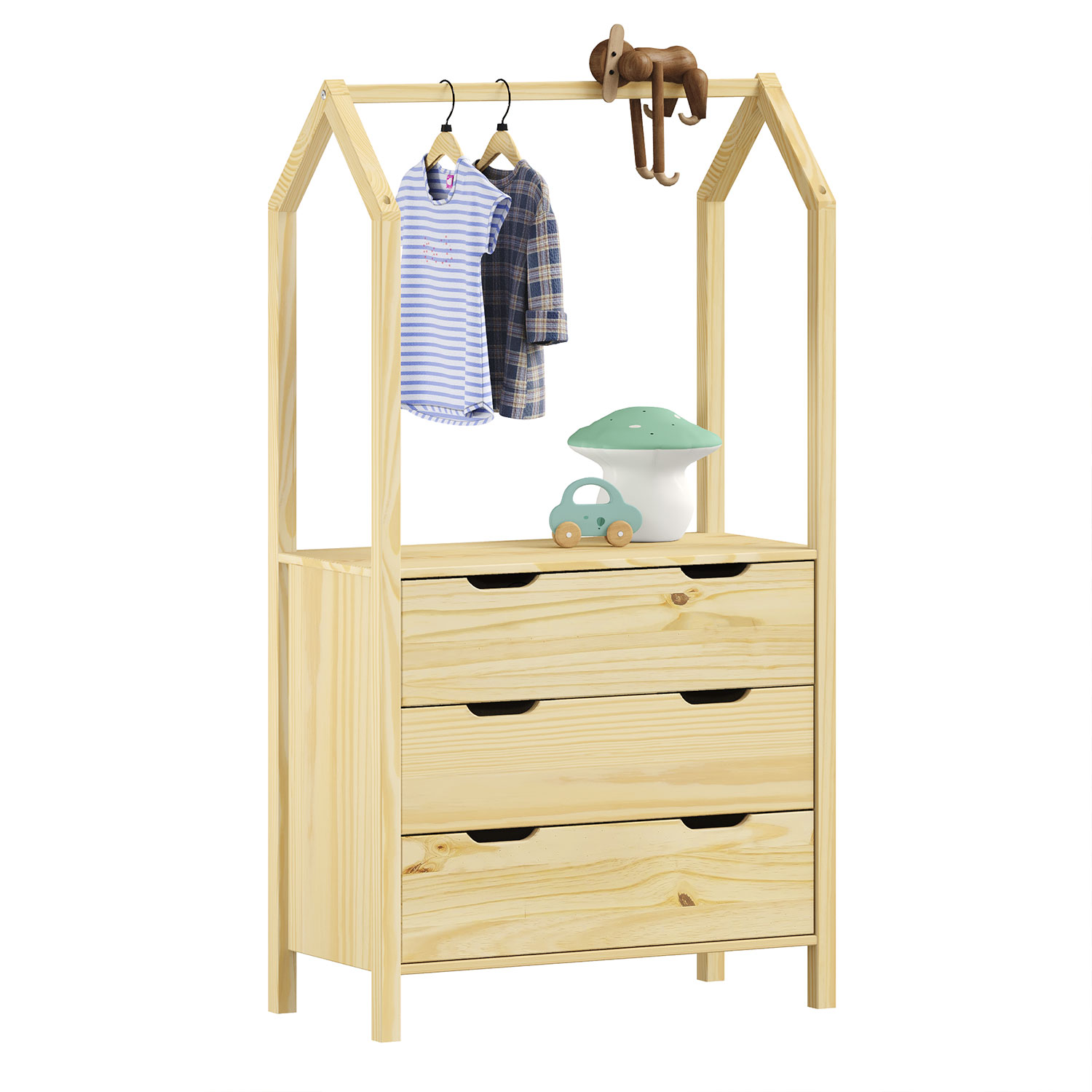 Cômoda infantil Montessori Madeira com Arara 3 Gavetas Amira Natural