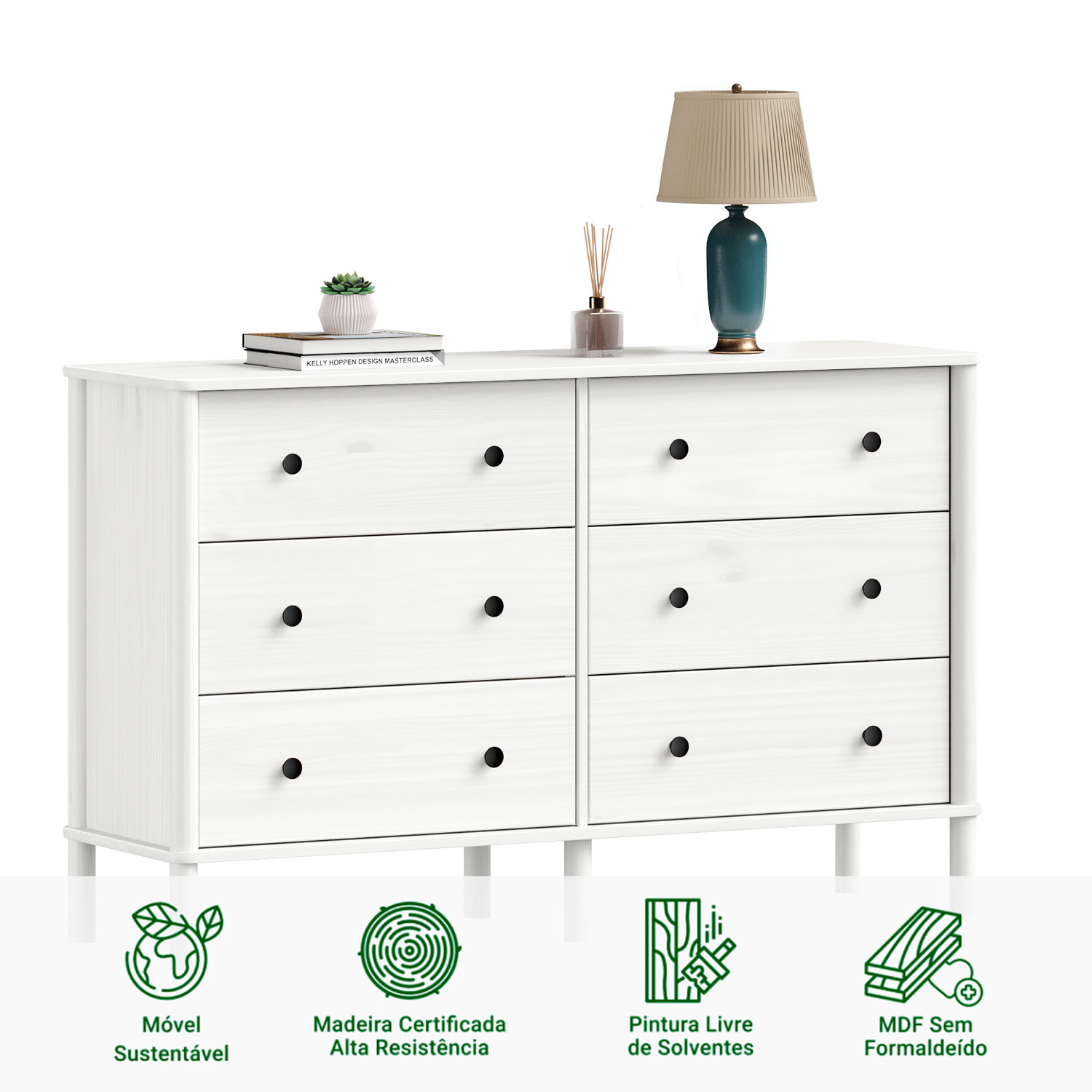 Cômoda para Quarto Madeira 6 Gavetas Moderna Apoana Branco