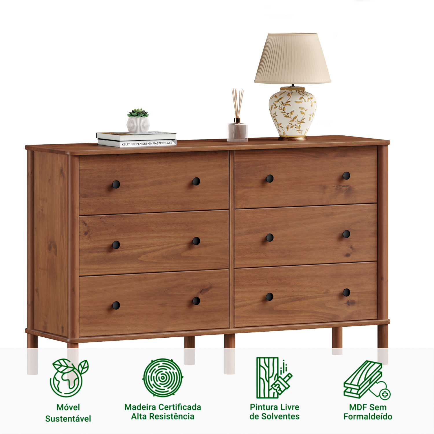 Cômoda para Quarto Madeira 6 Gavetas Moderna Apoana Castanho
