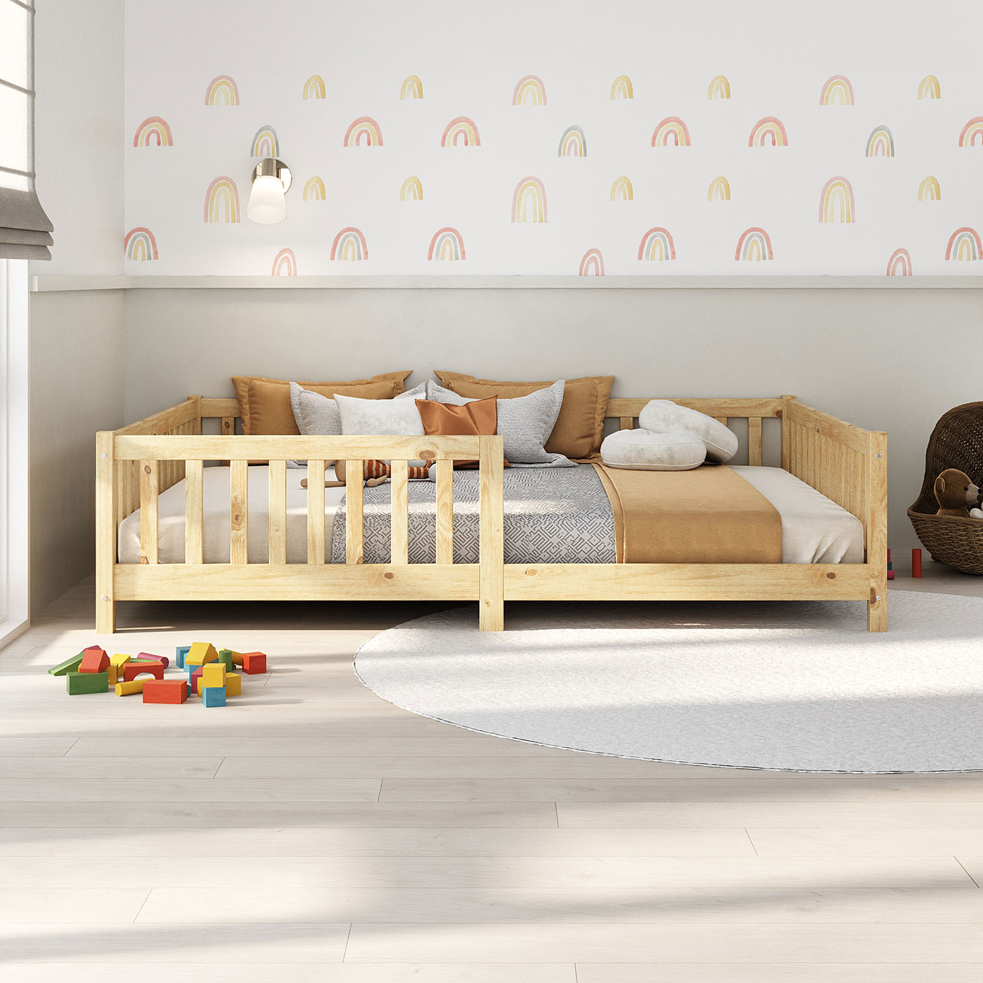 Cama  Montessori Casal Infantil Grade Madeira Chão Natural Eva