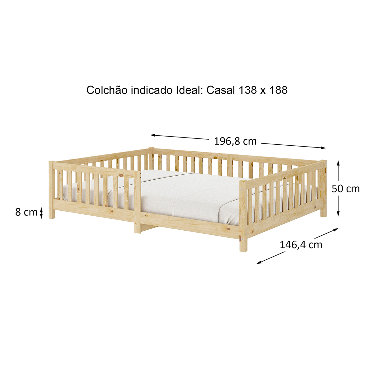 Cama  Montessori Casal Infantil Grade Madeira Chão Natural Eva