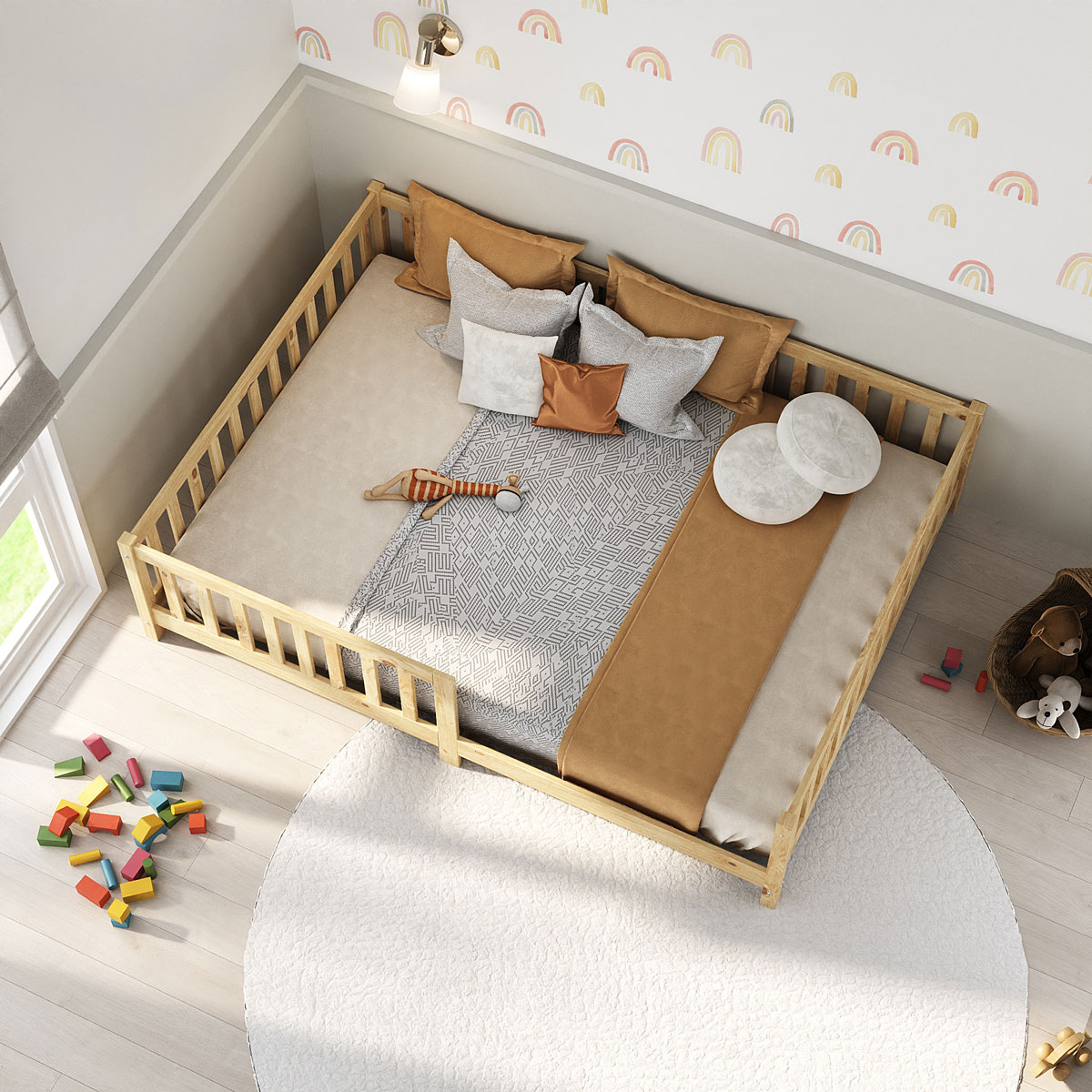 Cama  Montessori Casal Infantil Grade Madeira Chão Natural Eva