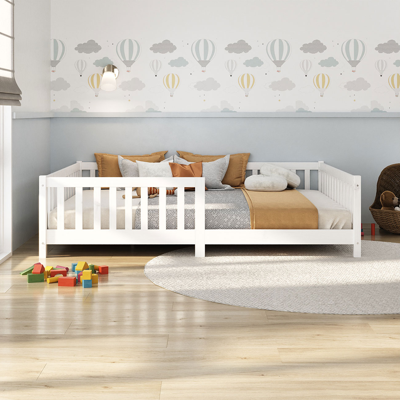 Cama Casal Infantil Grade Montessori Madeira Chão Branco Eva