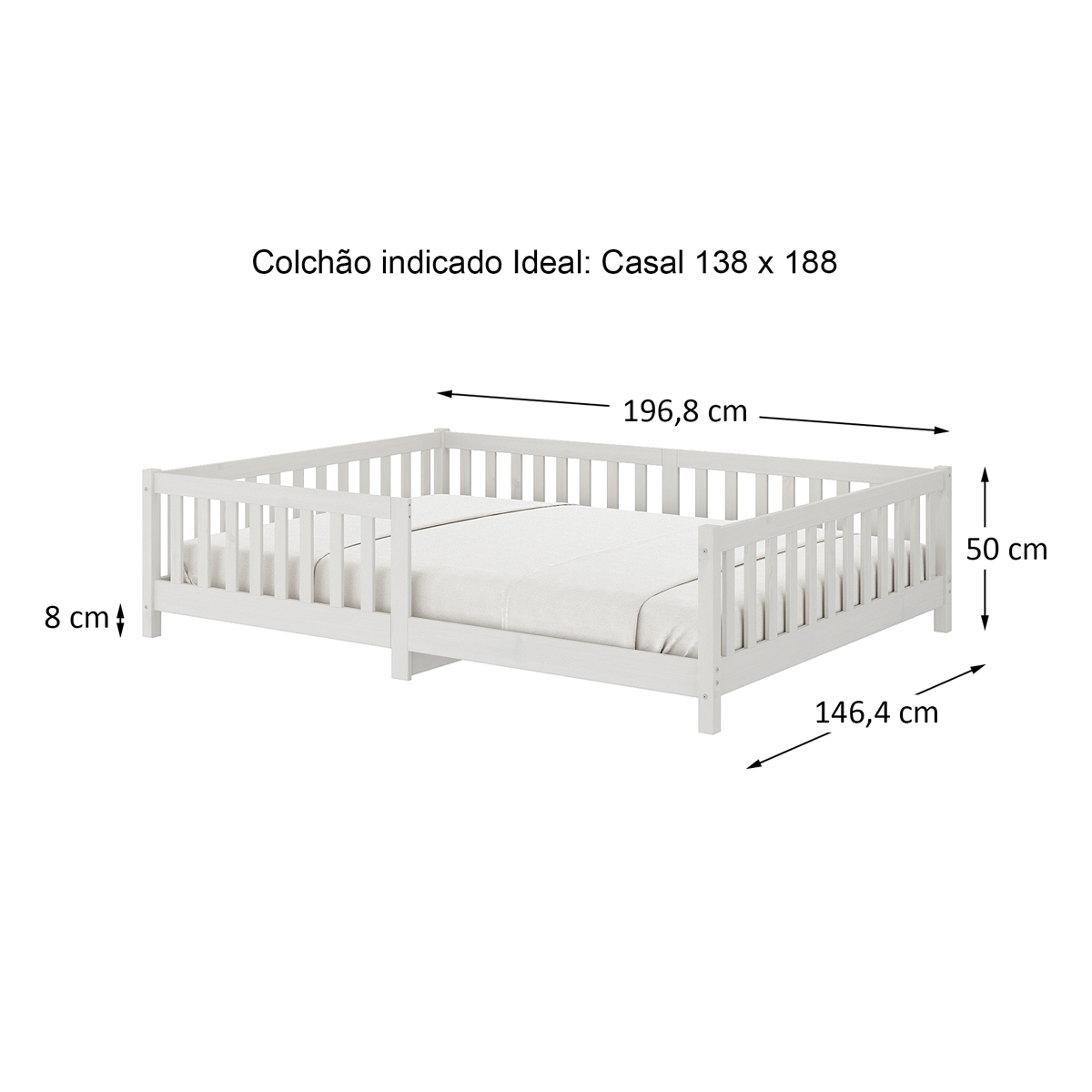 Cama Casal Infantil Grade Montessori Madeira Chão Branco Eva