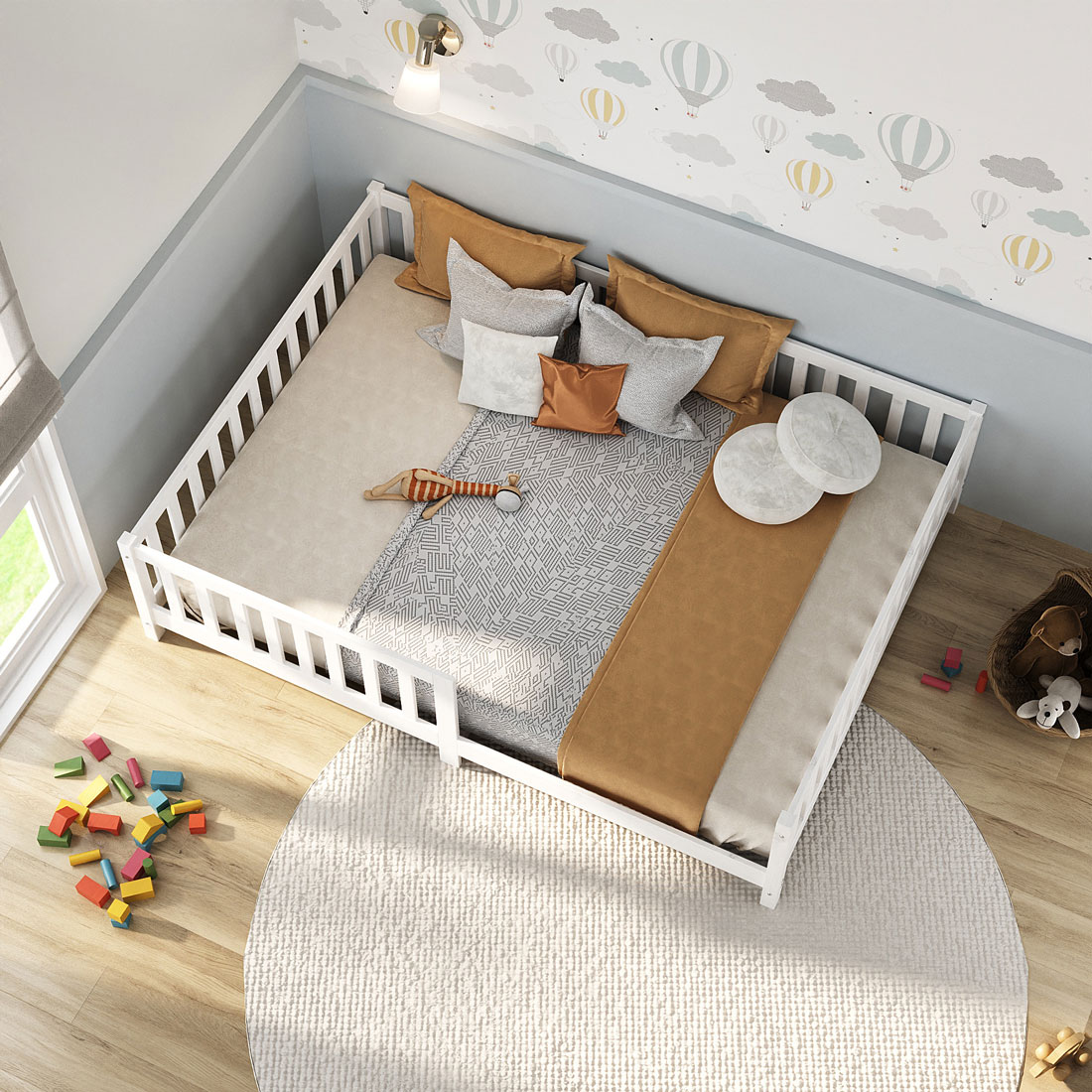 Cama Casal Infantil Grade Montessori Madeira Chão Branco Eva