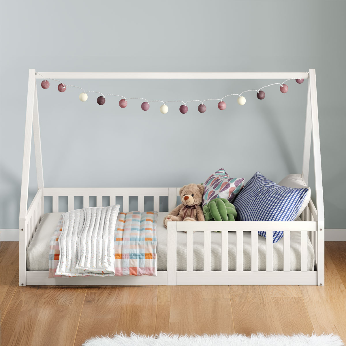 Cama Casal Infantil Montessori Branco Madeira Casa com Estrado Ravi