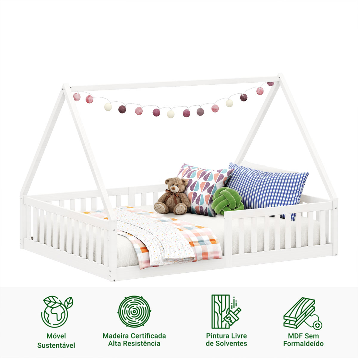 Cama Casal Infantil Montessori Branco Madeira Casa com Estrado Ravi