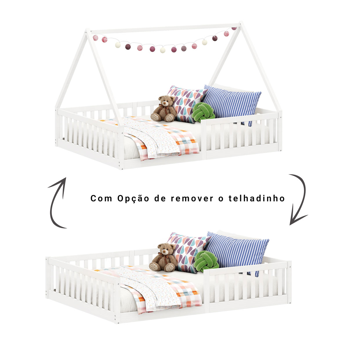 Cama Casal Infantil Montessori Branco Madeira Casa com Estrado Ravi
