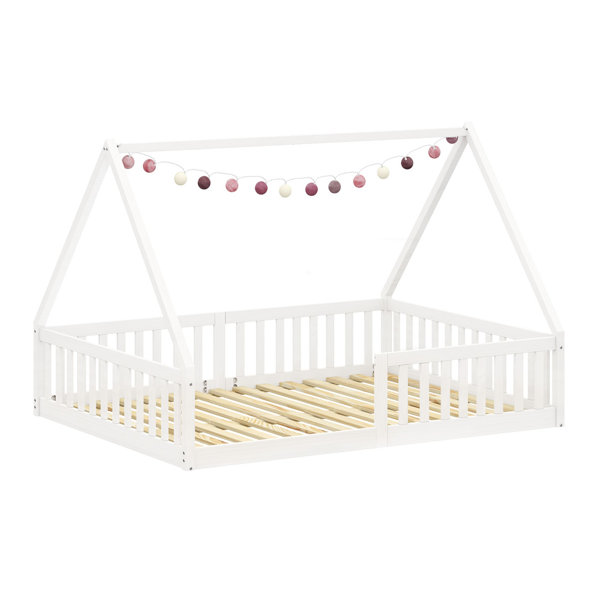 Cama Casal Infantil Montessori Branco Madeira Casa com Estrado Ravi