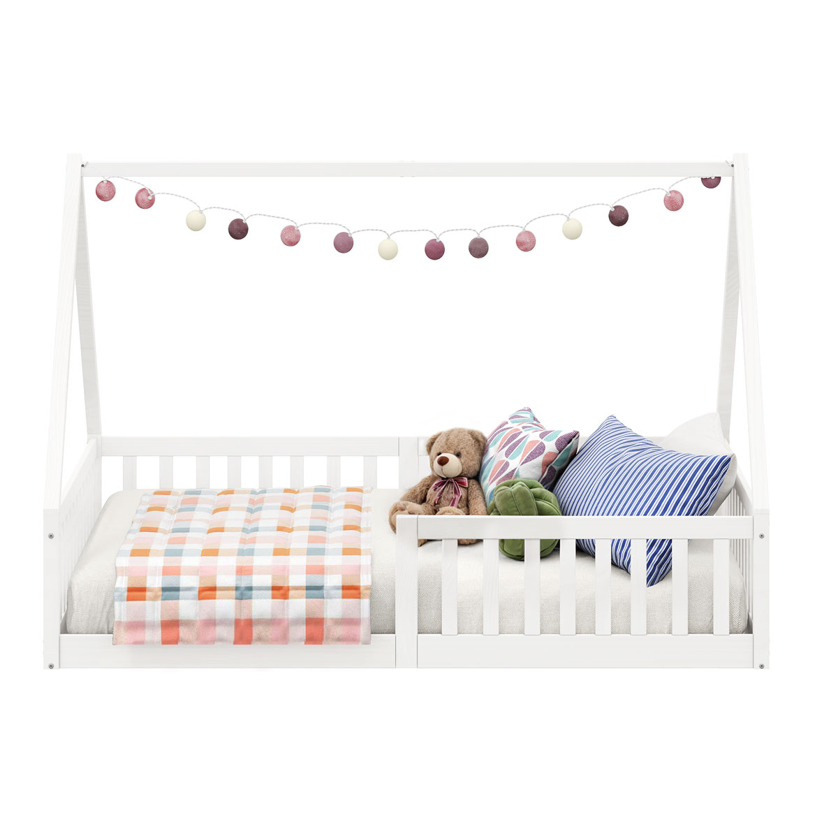 Cama Casal Infantil Montessori Branco Madeira Casa com Estrado Ravi