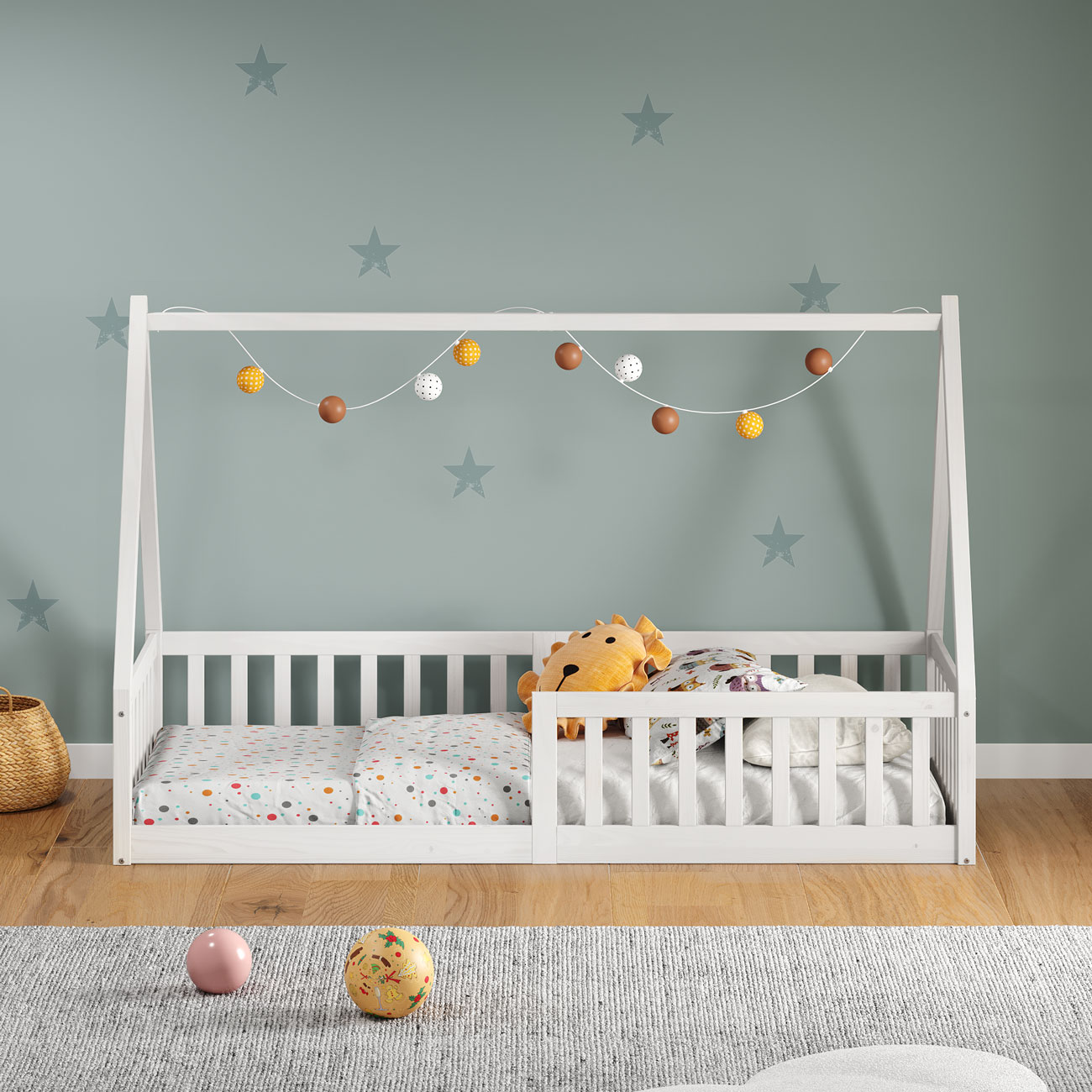 Cama Infantil Madeira Branco Grade Montessori Casinha de Chão Nicolas
