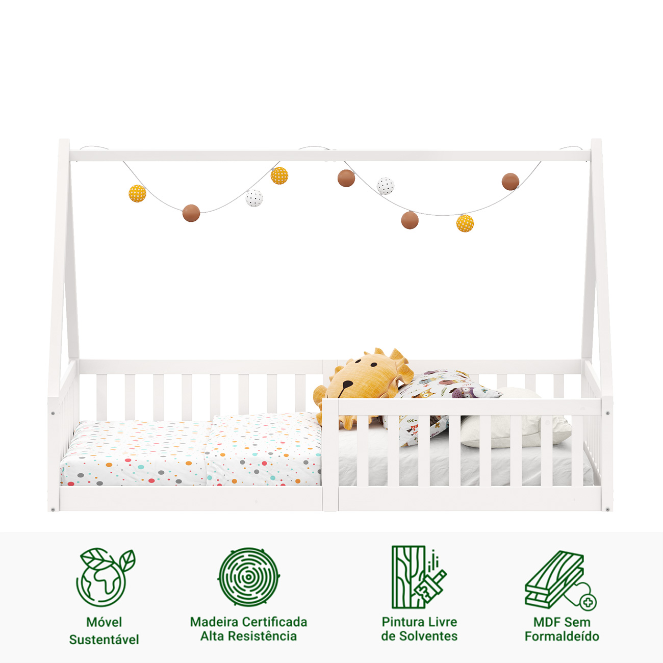 Cama Infantil Madeira Branco Grade Montessori Casinha de Chão Nicolas