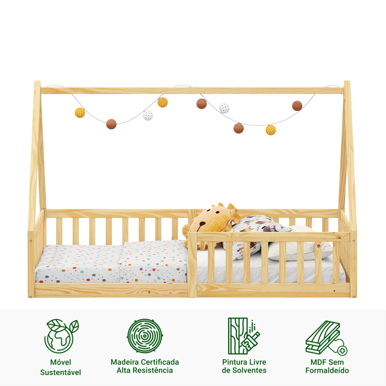 Cama Infantil Montessoriana Solteiro Madeira Casinha de Chão Nicolas Natural