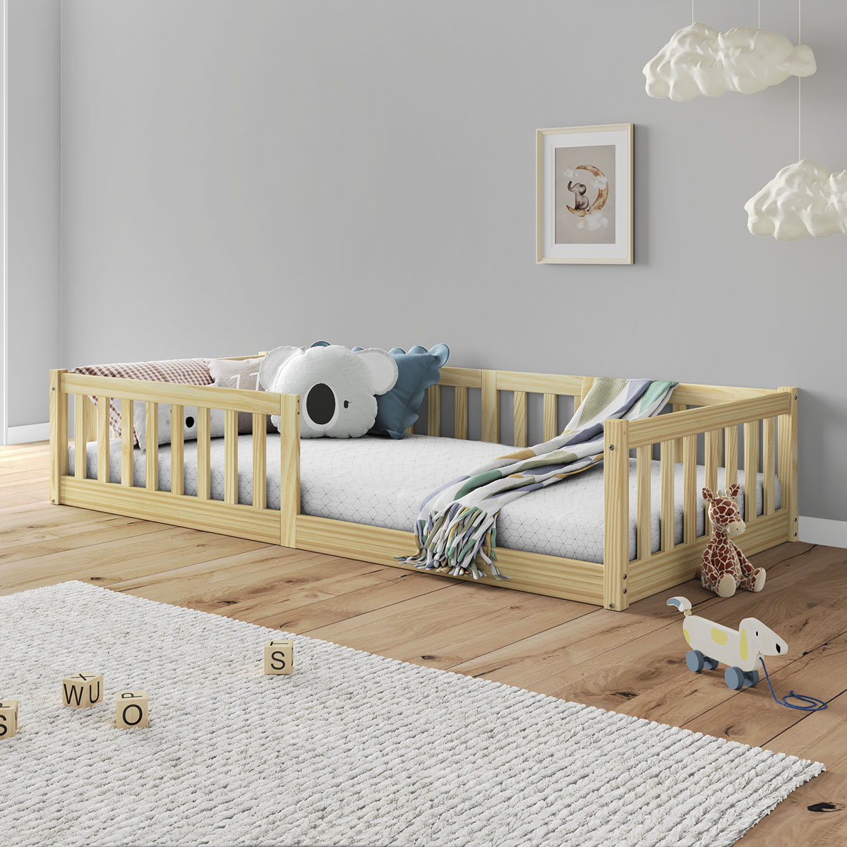Cama Infantil Solteiro Chão com Grades Montessoriana Gustavo Natural