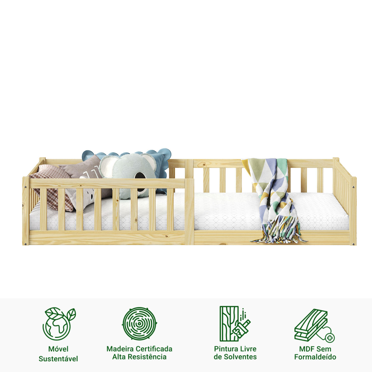Cama Infantil Solteiro Chão com Grades Montessoriana Gustavo Natural