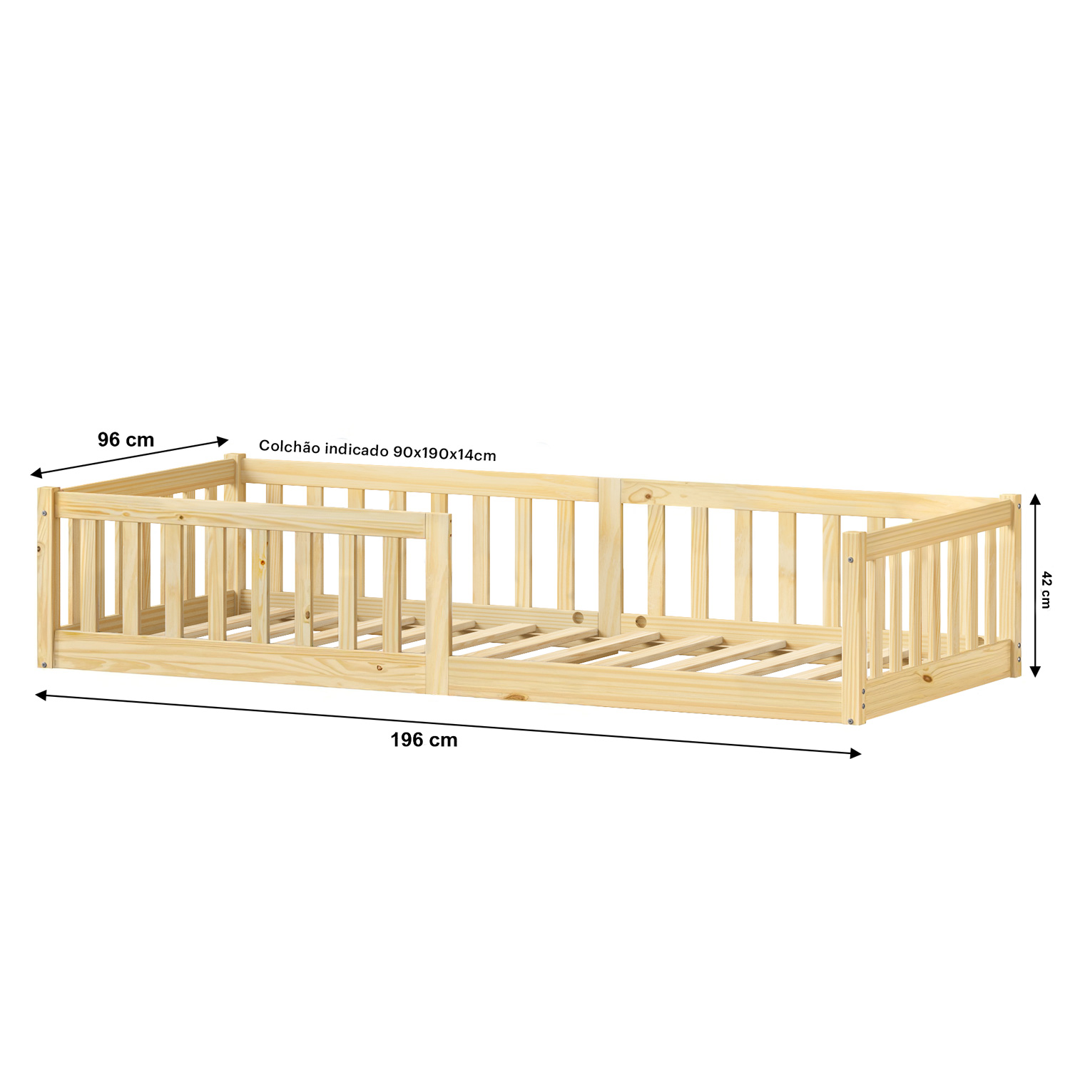 Cama Infantil Solteiro Chão com Grades Montessoriana Gustavo Natural