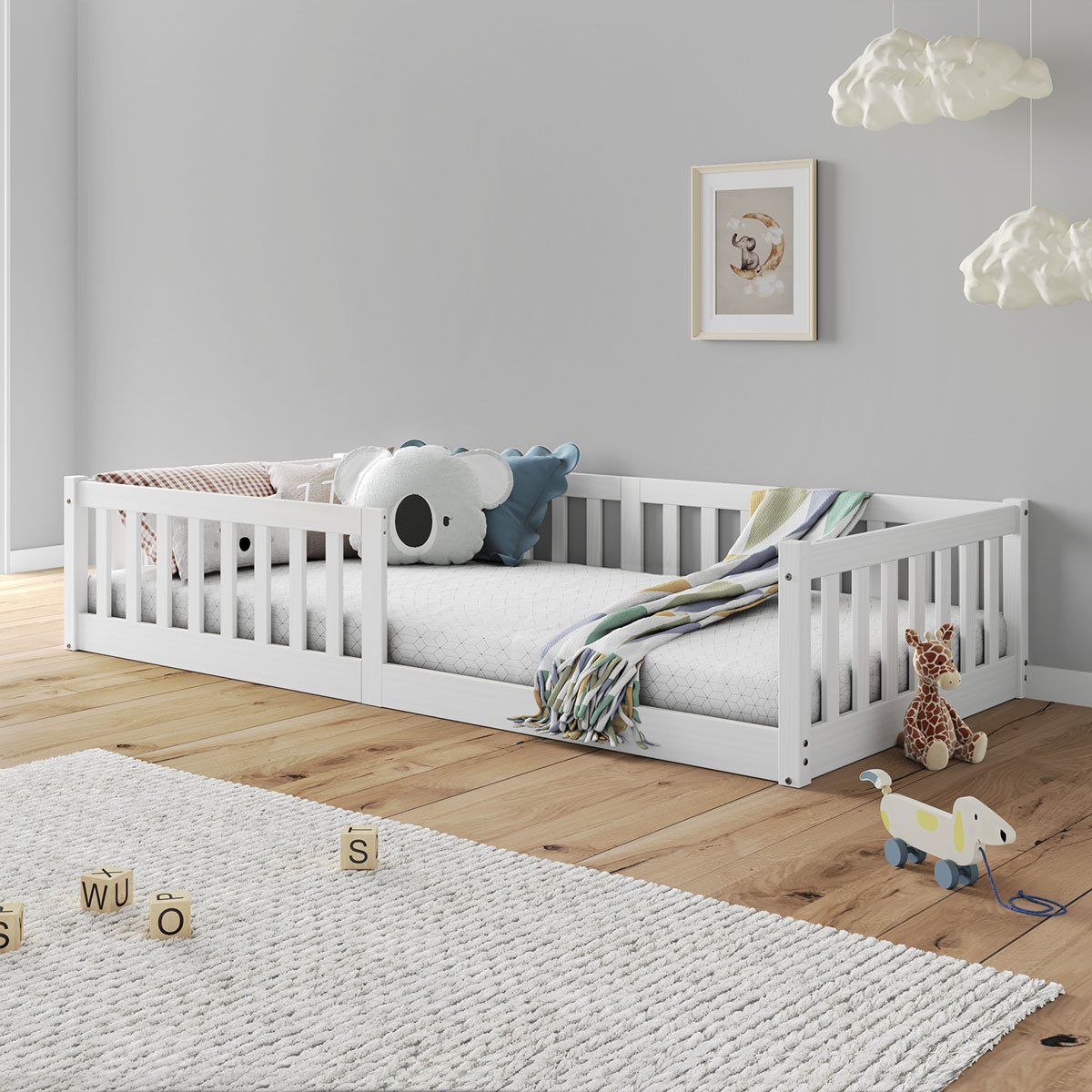 Cama Montessoriana Infantil Branco Grades de Proteção Lateral Gustavo