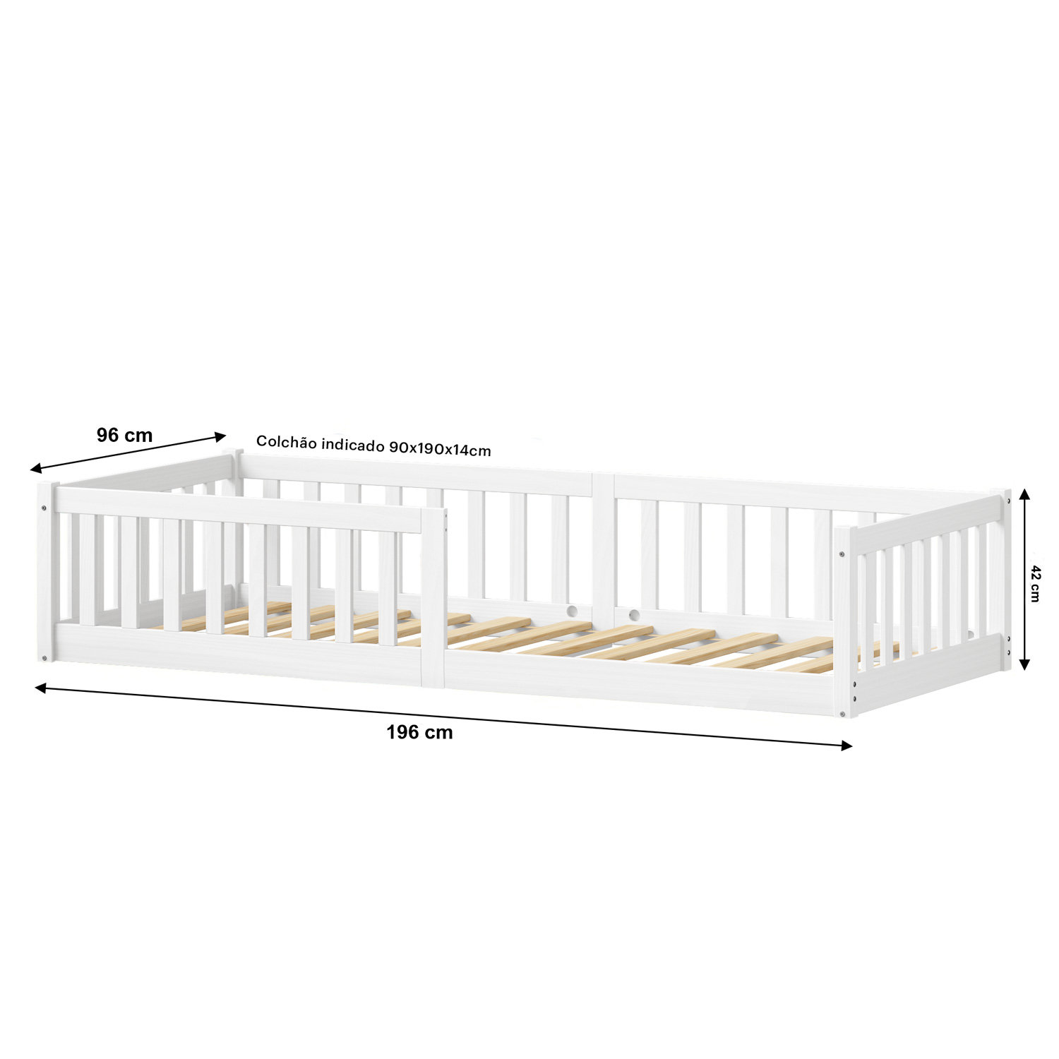 Cama Montessoriana Infantil Branco Grades de Proteção Lateral Gustavo