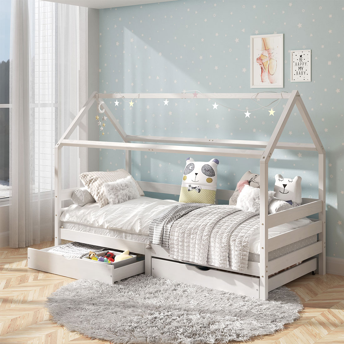 Cama Montessoriana Madeira Maciça Casa com Estrado Clia Branco
