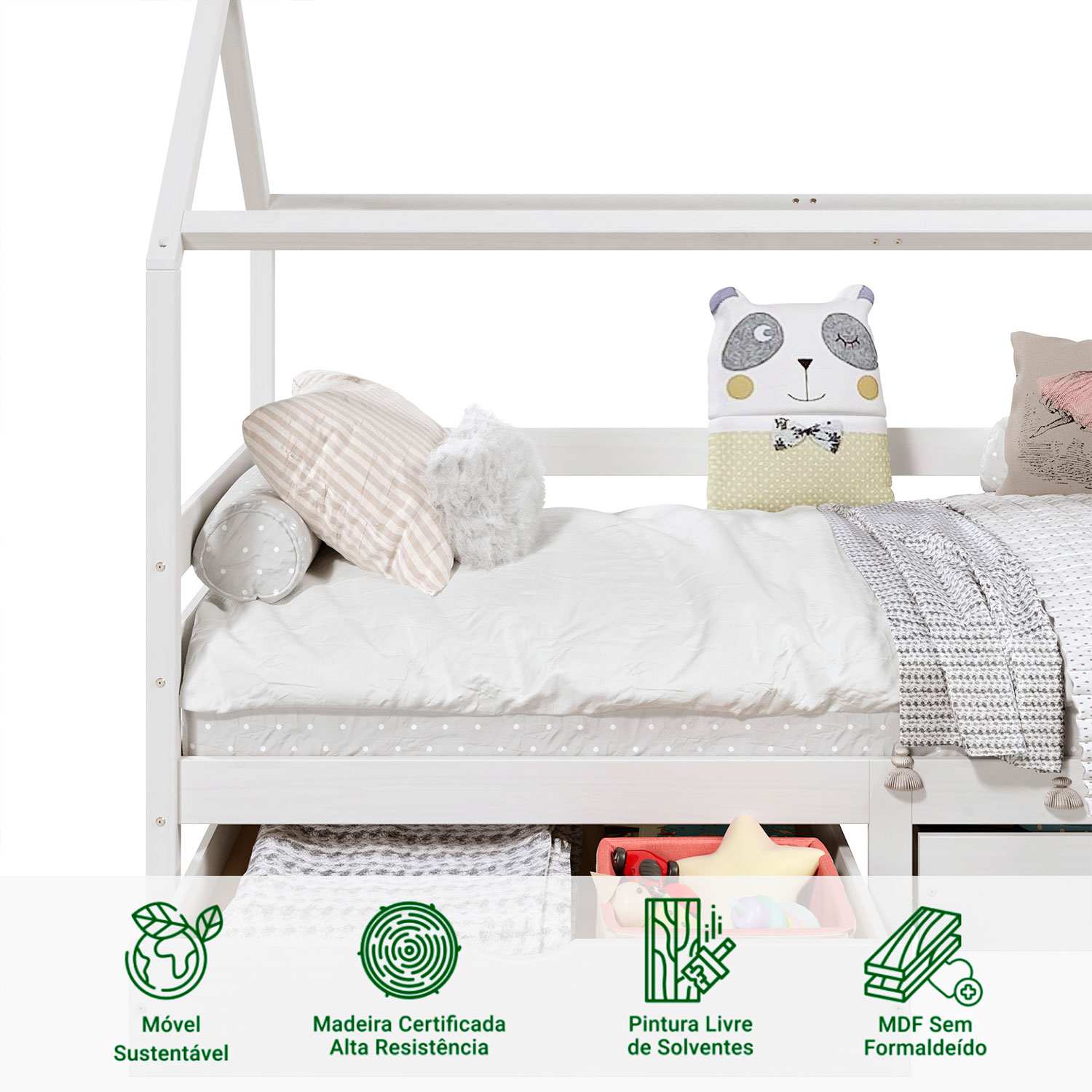 Cama Montessoriana Madeira Maciça Casa com Estrado Clia Branco