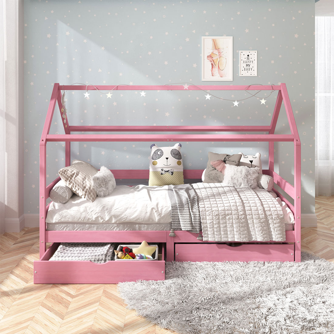 Cama Montessoriana Madeira Maciça Casa com Estrado Clia Rosa